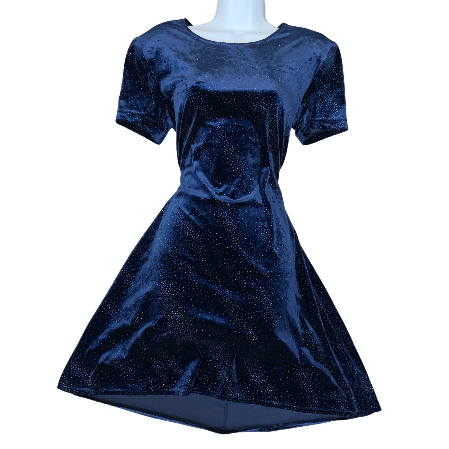 Vtg 'Molly Malloy Evening' Blue Glitter Velvet Whimsy Party Skater Dress UK 12