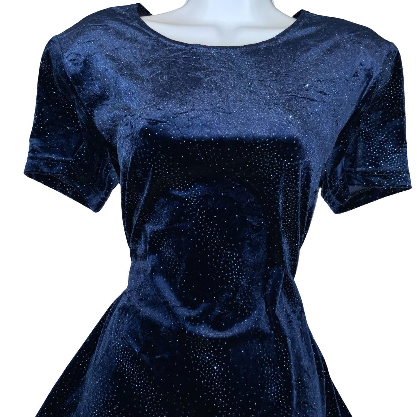Vtg 'Molly Malloy Evening' Blue Glitter Velvet Whimsy Party Skater Dress UK 12