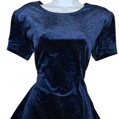 Vtg 'Molly Malloy Evening' Blue Glitter Velvet Whimsy Party Skater Dress UK 12