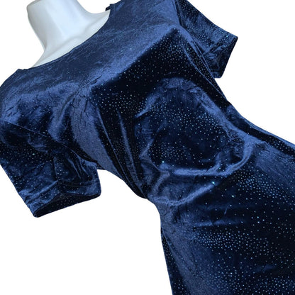 Vtg 'Molly Malloy Evening' Blue Glitter Velvet Whimsy Party Skater Dress UK 12