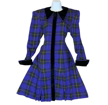 80s 'Karin Stevens' Purple Black Gingham Dagger Collar Punk Party Dress UK 12/14