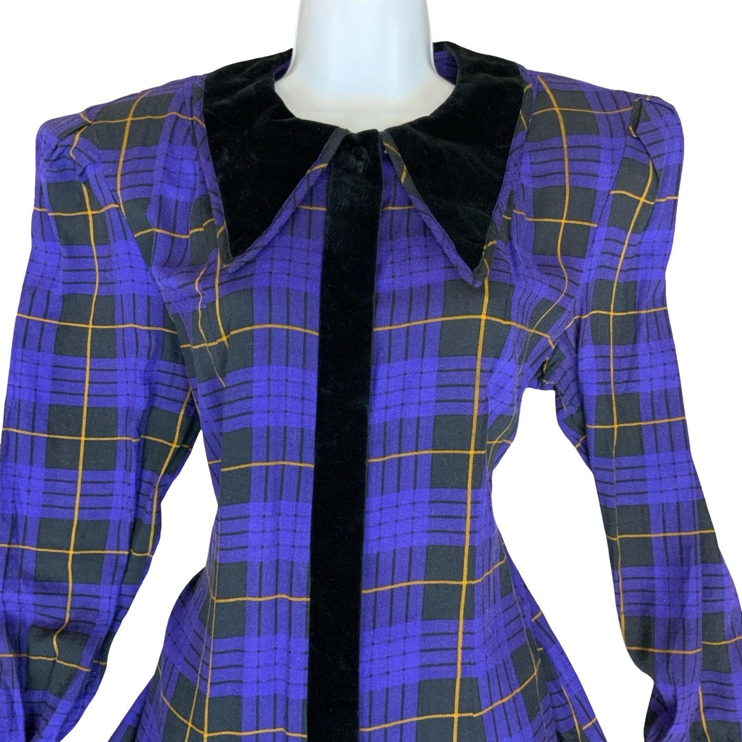 80s 'Karin Stevens' Purple Black Gingham Dagger Collar Punk Party Dress UK 12/14