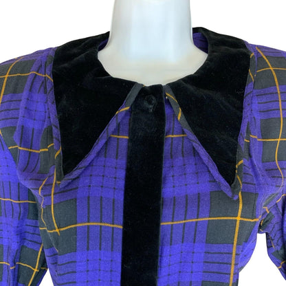 80s 'Karin Stevens' Purple Black Gingham Dagger Collar Punk Party Dress UK 12/14