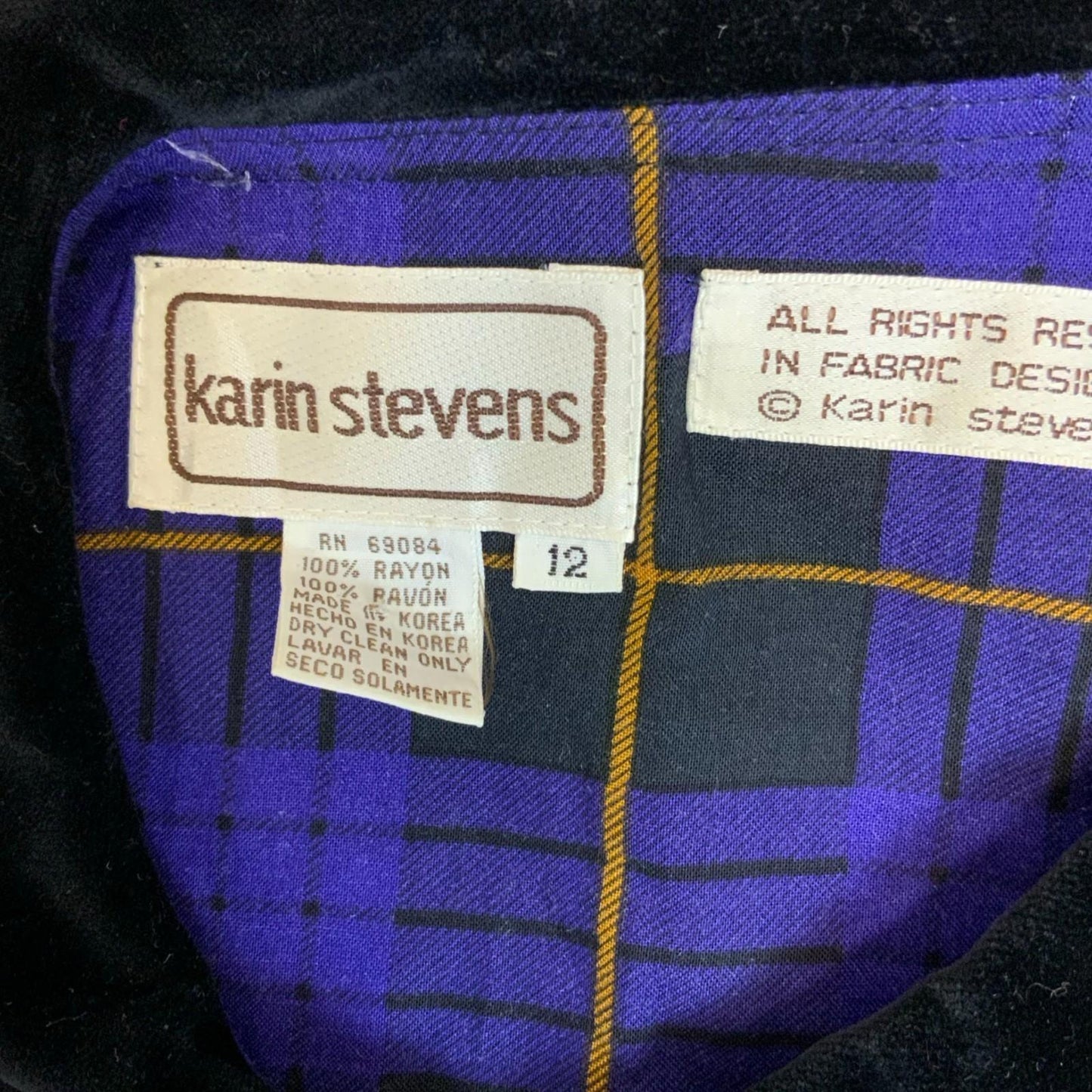 80s 'Karin Stevens' Purple Black Gingham Dagger Collar Punk Party Dress UK 12/14