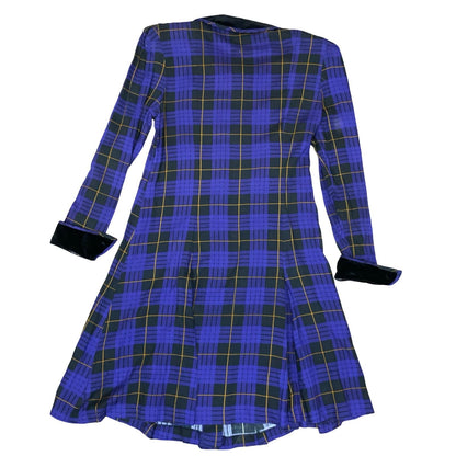 80s 'Karin Stevens' Purple Black Gingham Dagger Collar Punk Party Dress UK 12/14