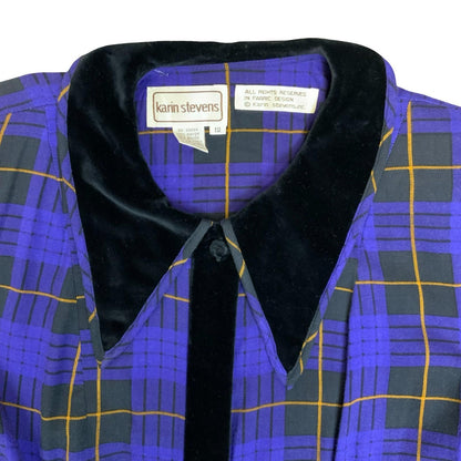 80s 'Karin Stevens' Purple Black Gingham Dagger Collar Punk Party Dress UK 12/14