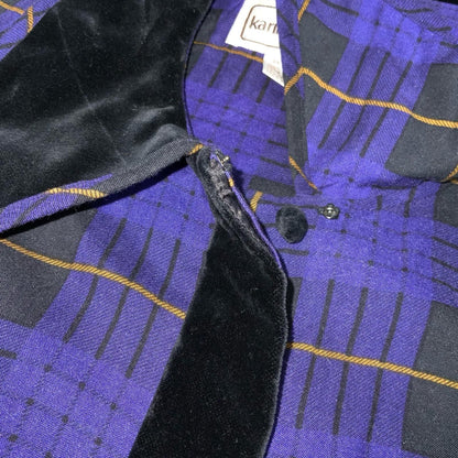 80s 'Karin Stevens' Purple Black Gingham Dagger Collar Punk Party Dress UK 12/14