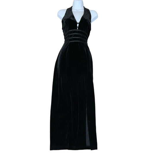 90s 'Tower U.S.A' Black Velvet Halter Elegant Prom Evening Couture Dress UK 6