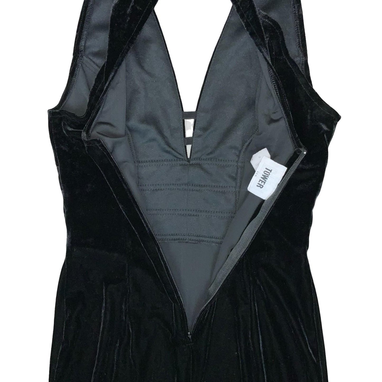 90s 'Tower U.S.A' Black Velvet Halter Elegant Prom Evening Couture Dress UK 6