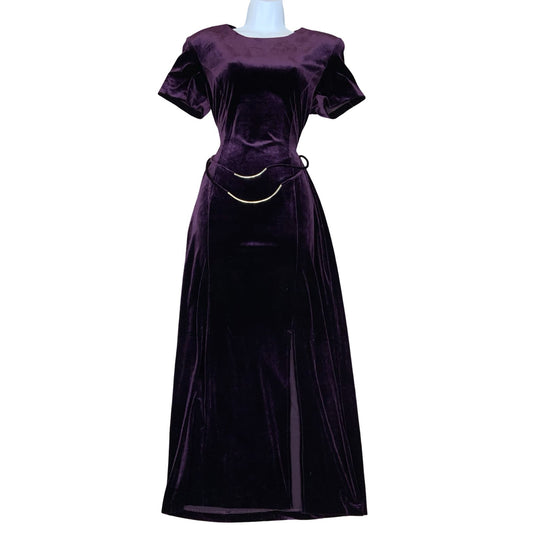 Vtg 90s 'Dress Barn' Purple Velvet Fitted Belted Split Maxi Dress UK 12/14