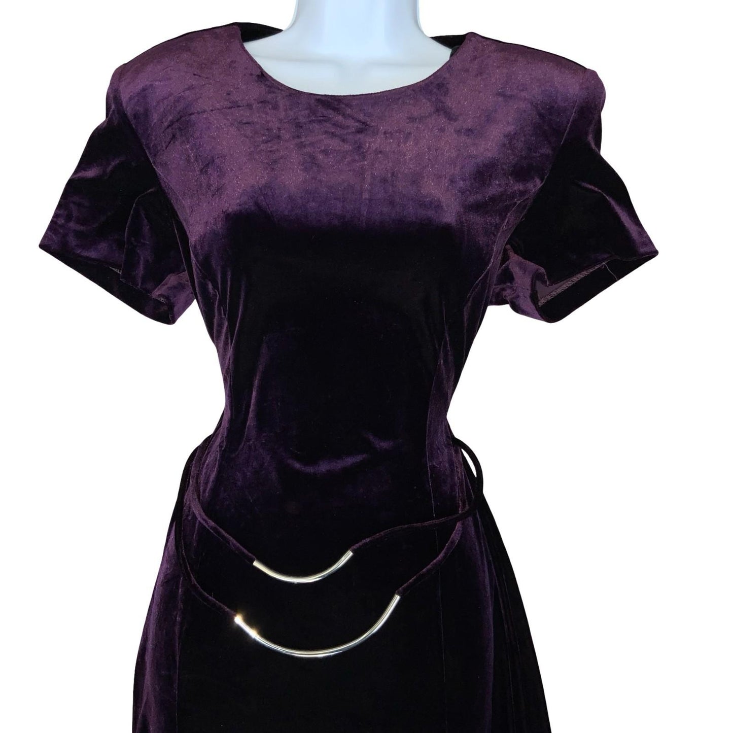 Vtg 90s 'Dress Barn' Purple Velvet Fitted Belted Split Maxi Dress UK 12/14