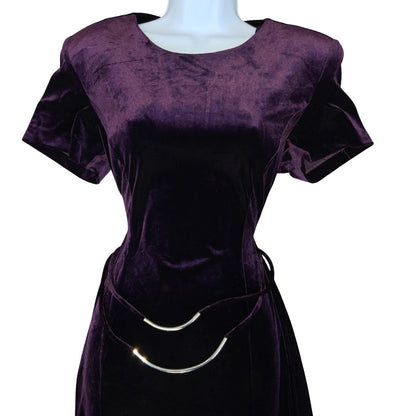 Vtg 90s 'Dress Barn' Purple Velvet Fitted Belted Split Maxi Dress UK 12/14