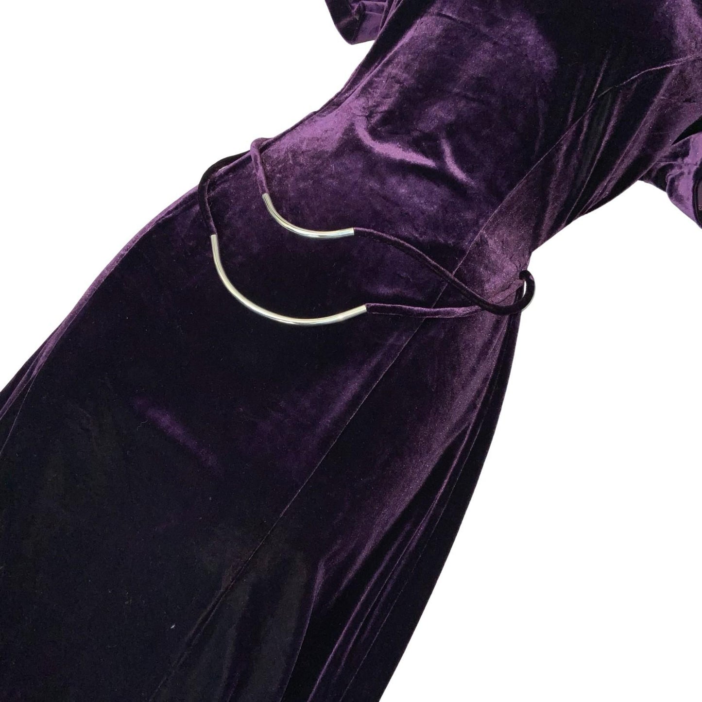 Vtg 90s 'Dress Barn' Purple Velvet Fitted Belted Split Maxi Dress UK 12/14