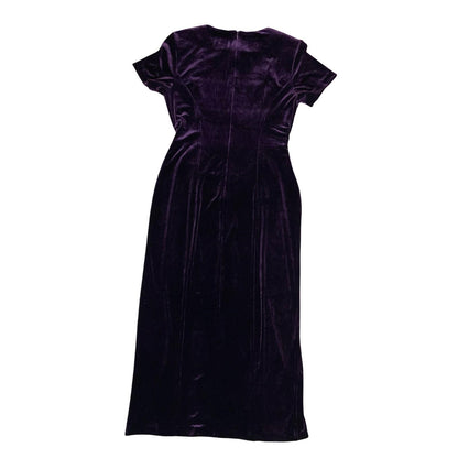 Vtg 90s 'Dress Barn' Purple Velvet Fitted Belted Split Maxi Dress UK 12/14