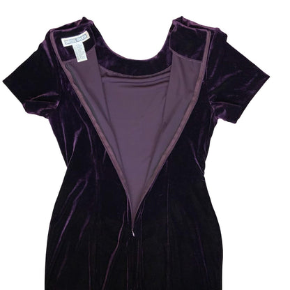 Vtg 90s 'Dress Barn' Purple Velvet Fitted Belted Split Maxi Dress UK 12/14