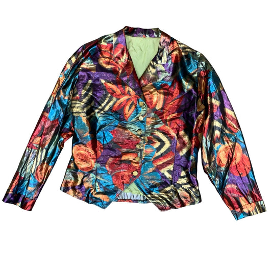 Vtg 80s Multicoloured Metallic Button-Up Vibrant Disco Xmas Party Blouse UK 14