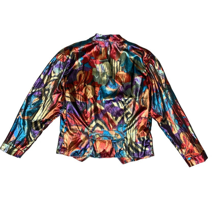 Vtg 80s Multicoloured Metallic Button-Up Vibrant Disco Xmas Party Blouse UK 14