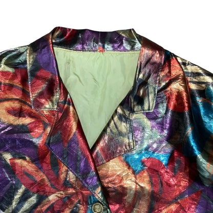 Vtg 80s Multicoloured Metallic Button-Up Vibrant Disco Xmas Party Blouse UK 14