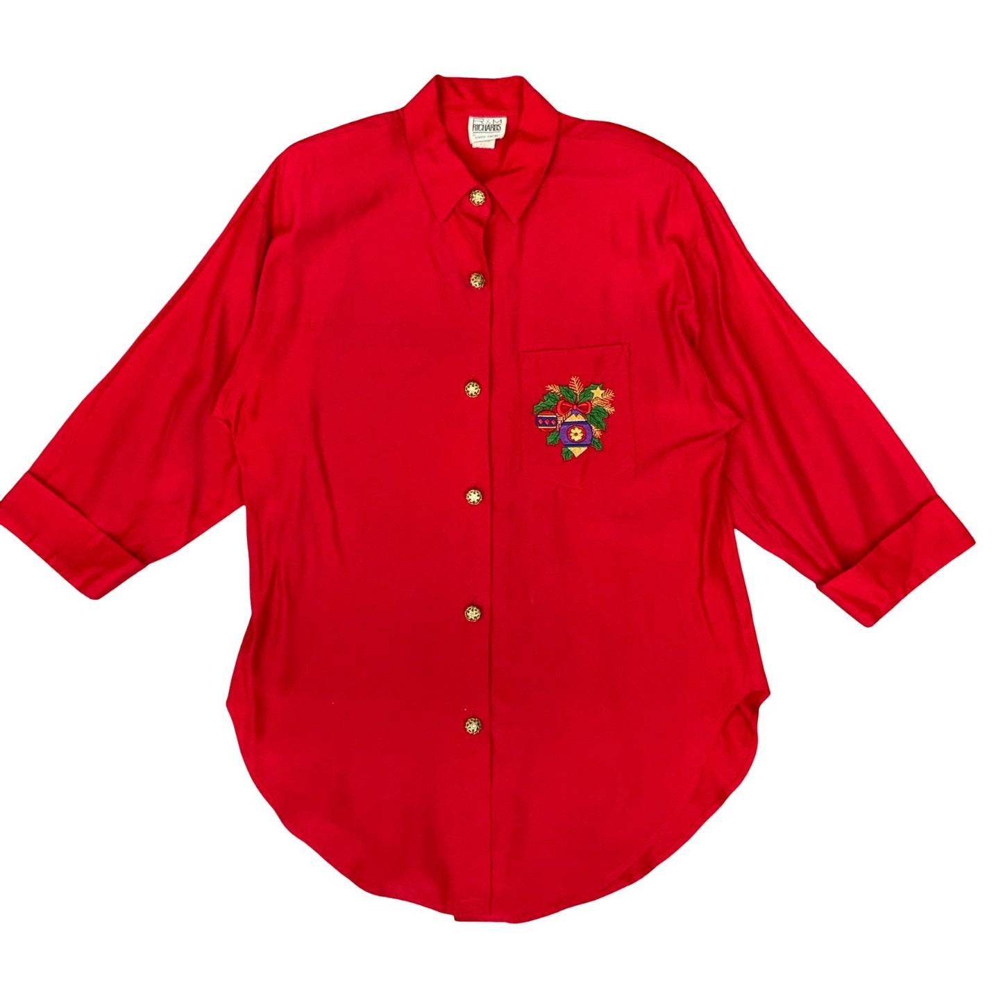 Vtg 'R&M Richards' by Karen Kwong Red Xmas Embroidered 3/4 Sleeve Blouse UK 14