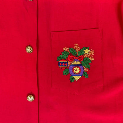 Vtg 'R&M Richards' by Karen Kwong Red Xmas Embroidered 3/4 Sleeve Blouse UK 14