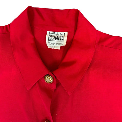 Vtg 'R&M Richards' by Karen Kwong Red Xmas Embroidered 3/4 Sleeve Blouse UK 14