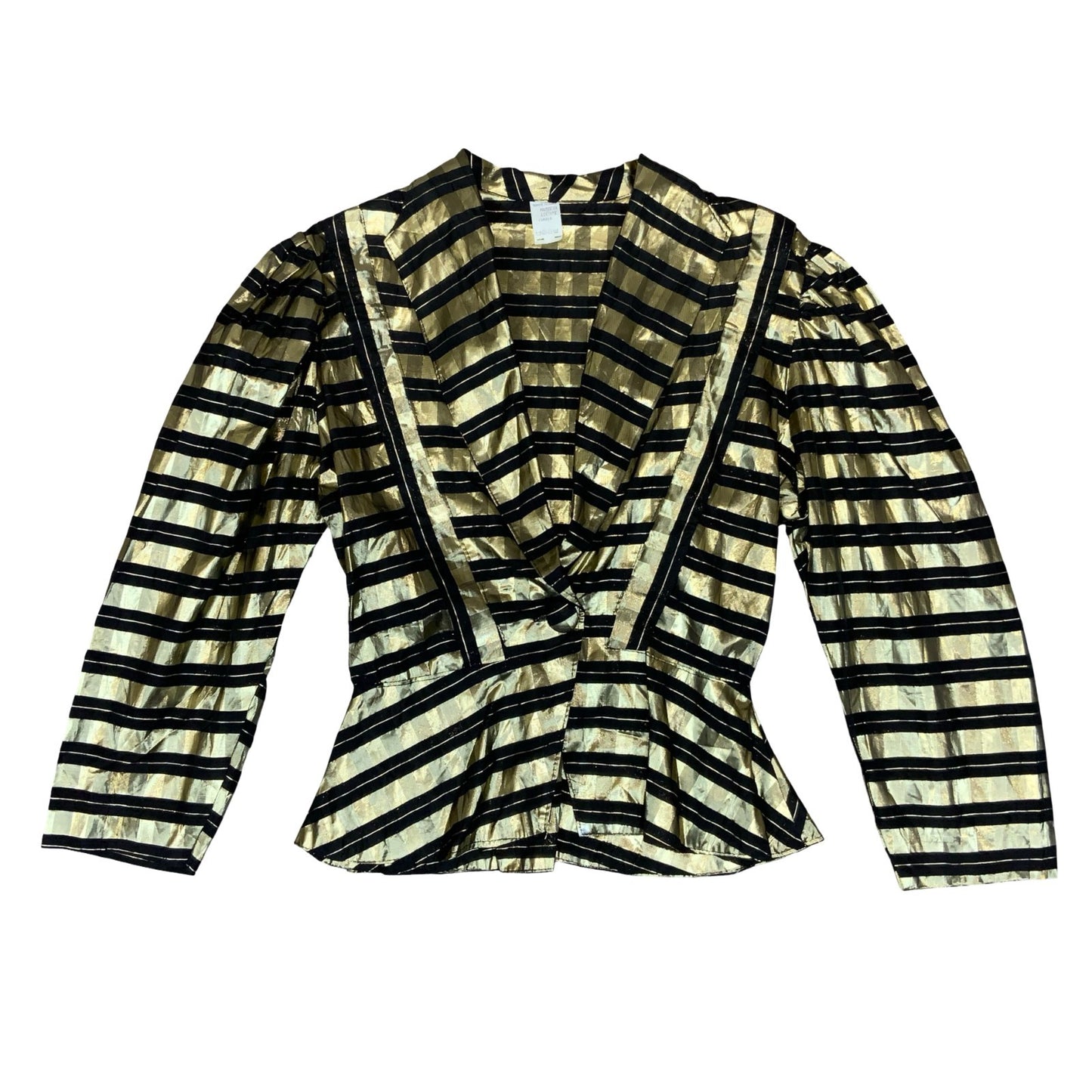 Vtg 80s Gold Black Sheer Metallic Disco Party Collared Peplum Blouse UK 12