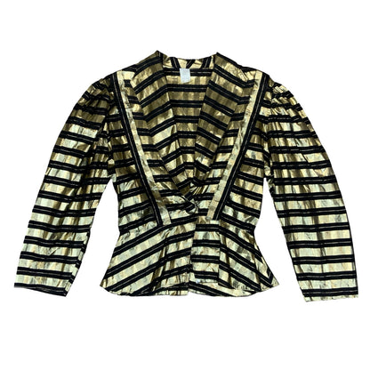 Vtg 80s Gold Black Sheer Metallic Disco Party Collared Peplum Blouse UK 12