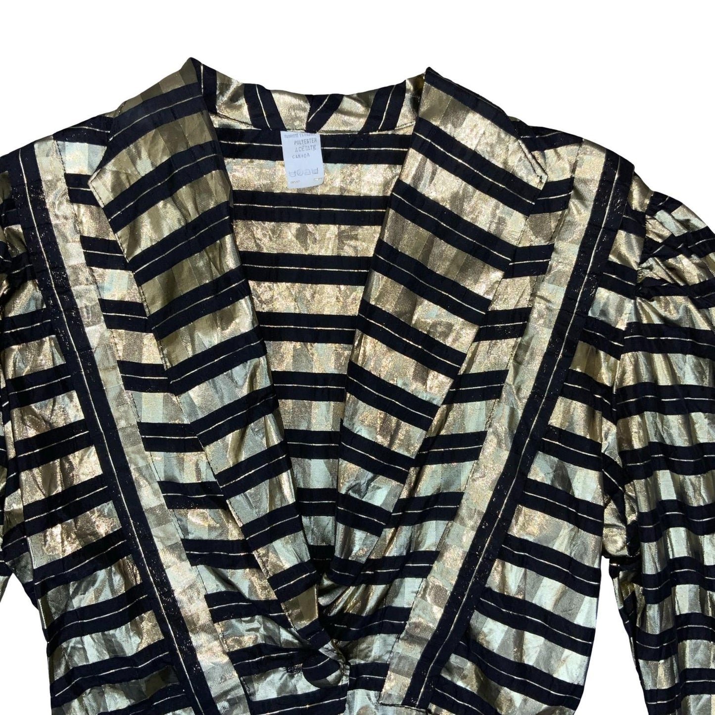 Vtg 80s Gold Black Sheer Metallic Disco Party Collared Peplum Blouse UK 12