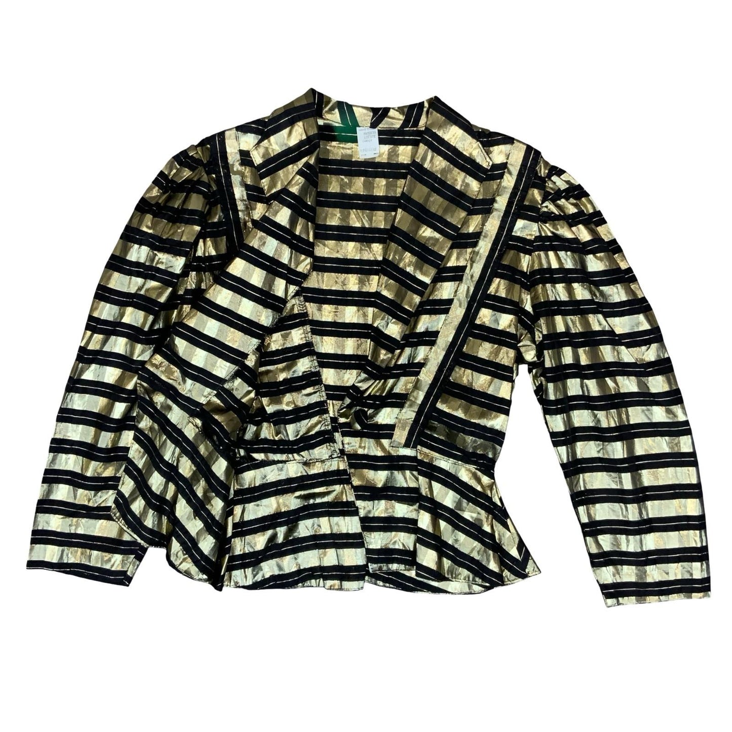 Vtg 80s Gold Black Sheer Metallic Disco Party Collared Peplum Blouse UK 12