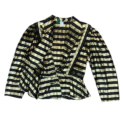 Vtg 80s Gold Black Sheer Metallic Disco Party Collared Peplum Blouse UK 12
