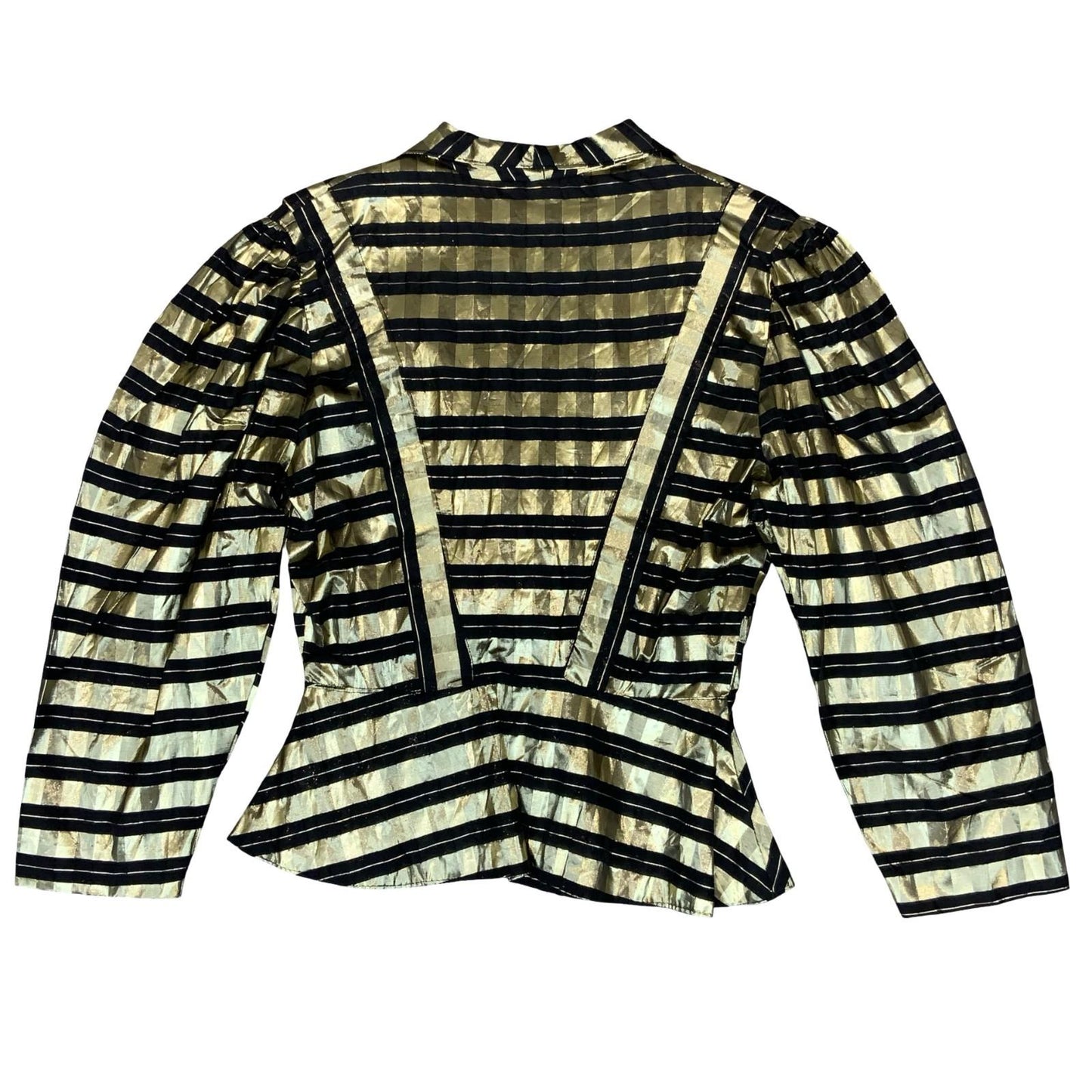 Vtg 80s Gold Black Sheer Metallic Disco Party Collared Peplum Blouse UK 12