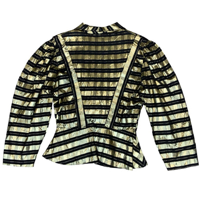 Vtg 80s Gold Black Sheer Metallic Disco Party Collared Peplum Blouse UK 12
