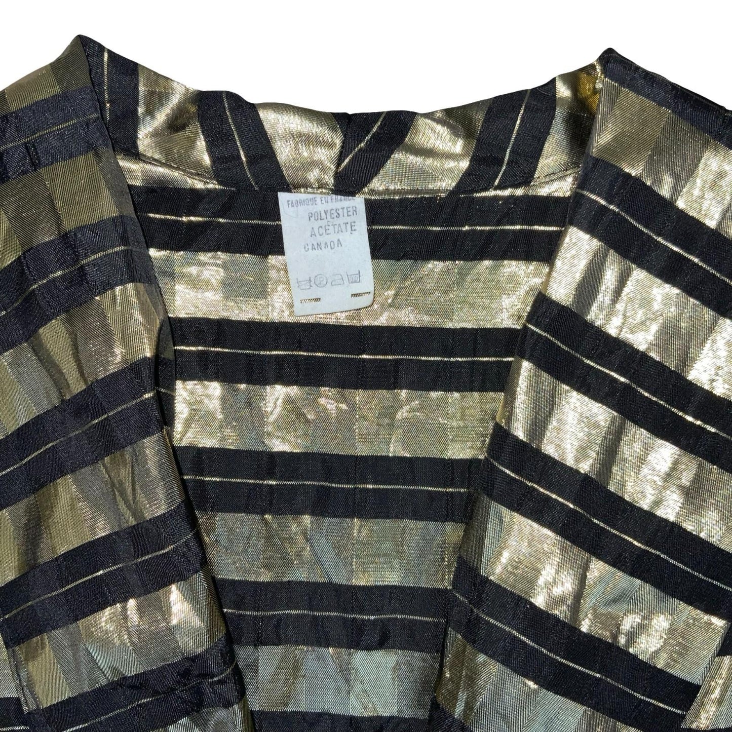 Vtg 80s Gold Black Sheer Metallic Disco Party Collared Peplum Blouse UK 12