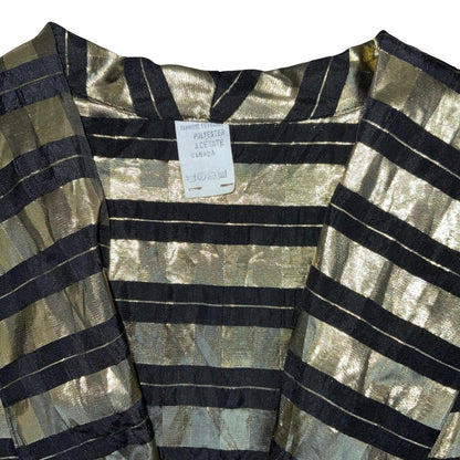 Vtg 80s Gold Black Sheer Metallic Disco Party Collared Peplum Blouse UK 12