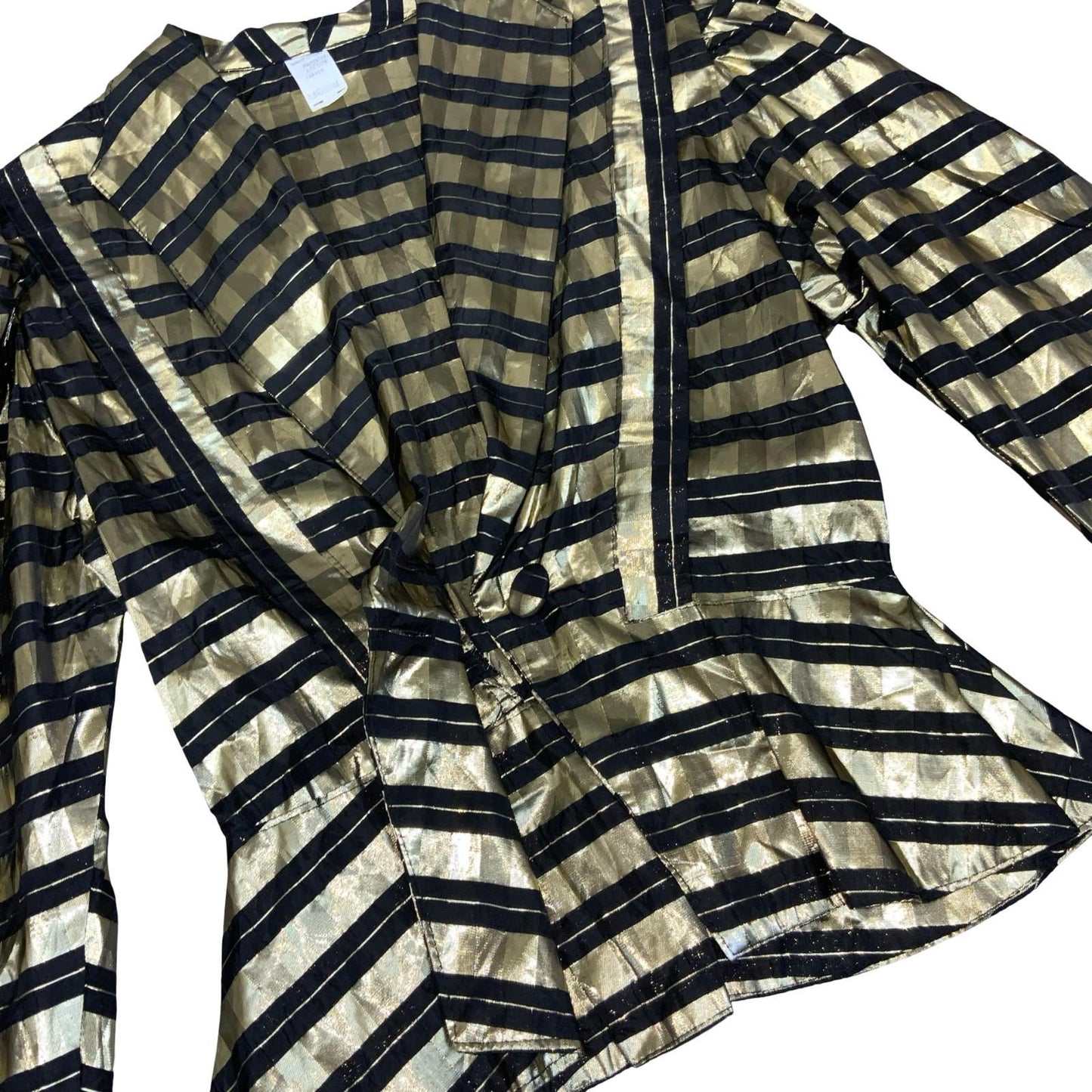 Vtg 80s Gold Black Sheer Metallic Disco Party Collared Peplum Blouse UK 12