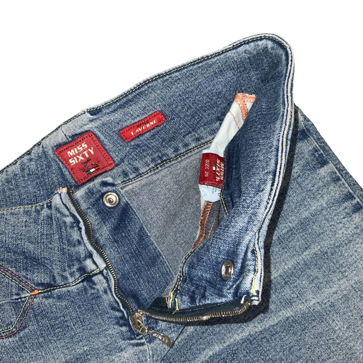 Y2K 'Miss Sixty' Blue Faded Light Wash Low-Rise Flared Denim Jeans W26" L31.5"