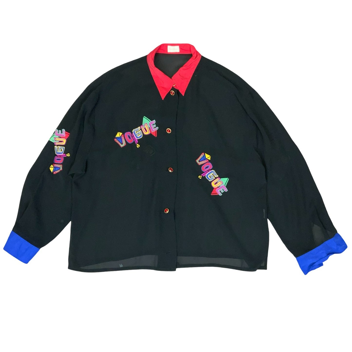Vtg 80s 90s 'Betty Barclay' Black Colourful Embroidered 'Vogue' Blouse UK 16