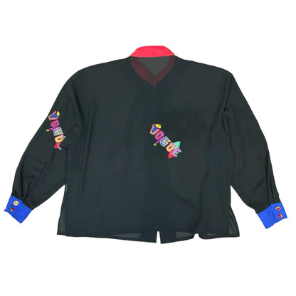 Vtg 80s 90s 'Betty Barclay' Black Colourful Embroidered 'Vogue' Blouse UK 16