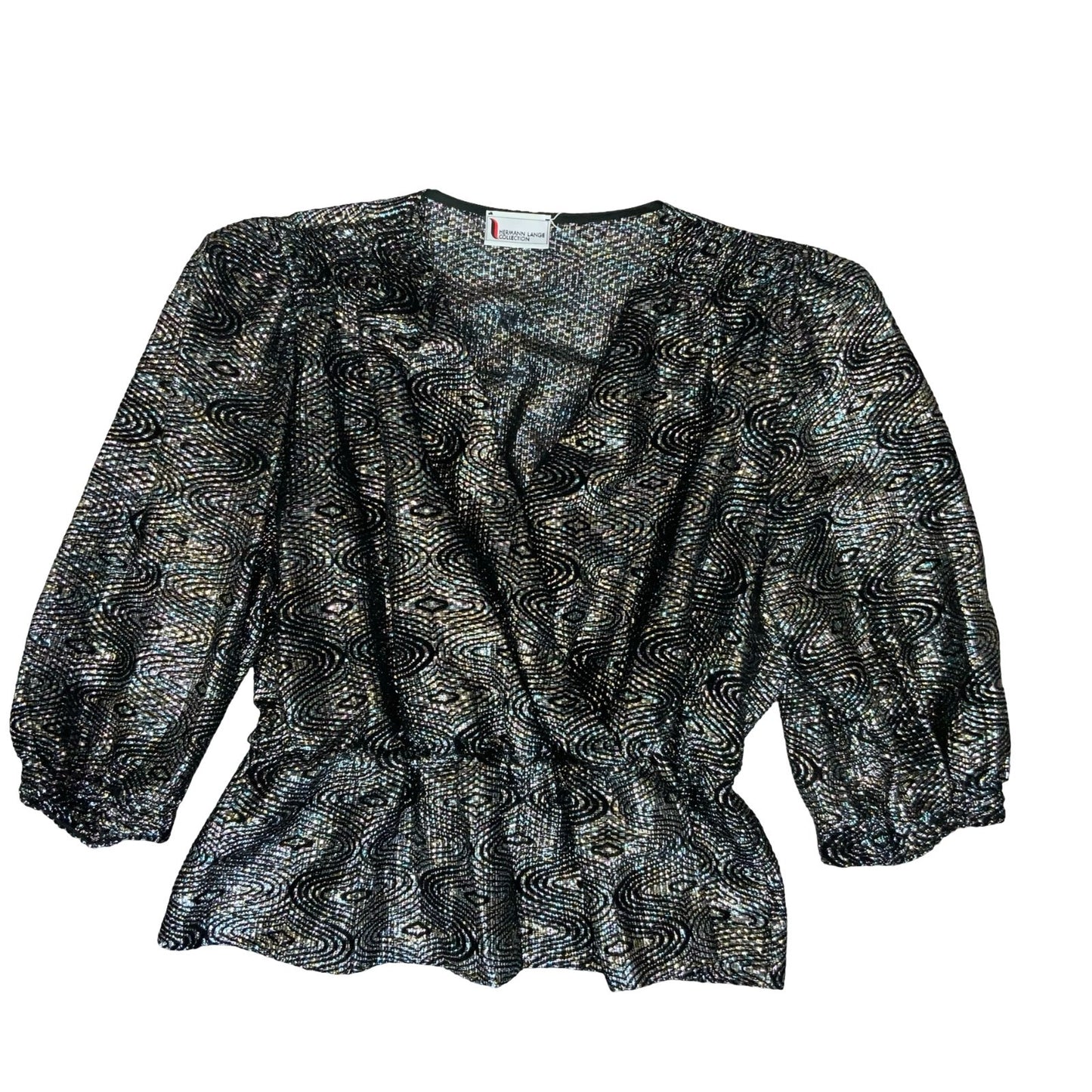 80s 'Hermann Lange Collection' Black Silver Glitter Lurex Peplum Blouse UK 14