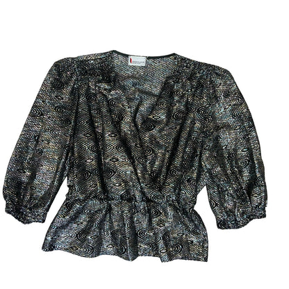80s 'Hermann Lange Collection' Black Silver Glitter Lurex Peplum Blouse UK 14
