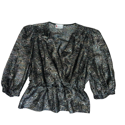 80s 'Hermann Lange Collection' Black Silver Glitter Lurex Peplum Blouse UK 14