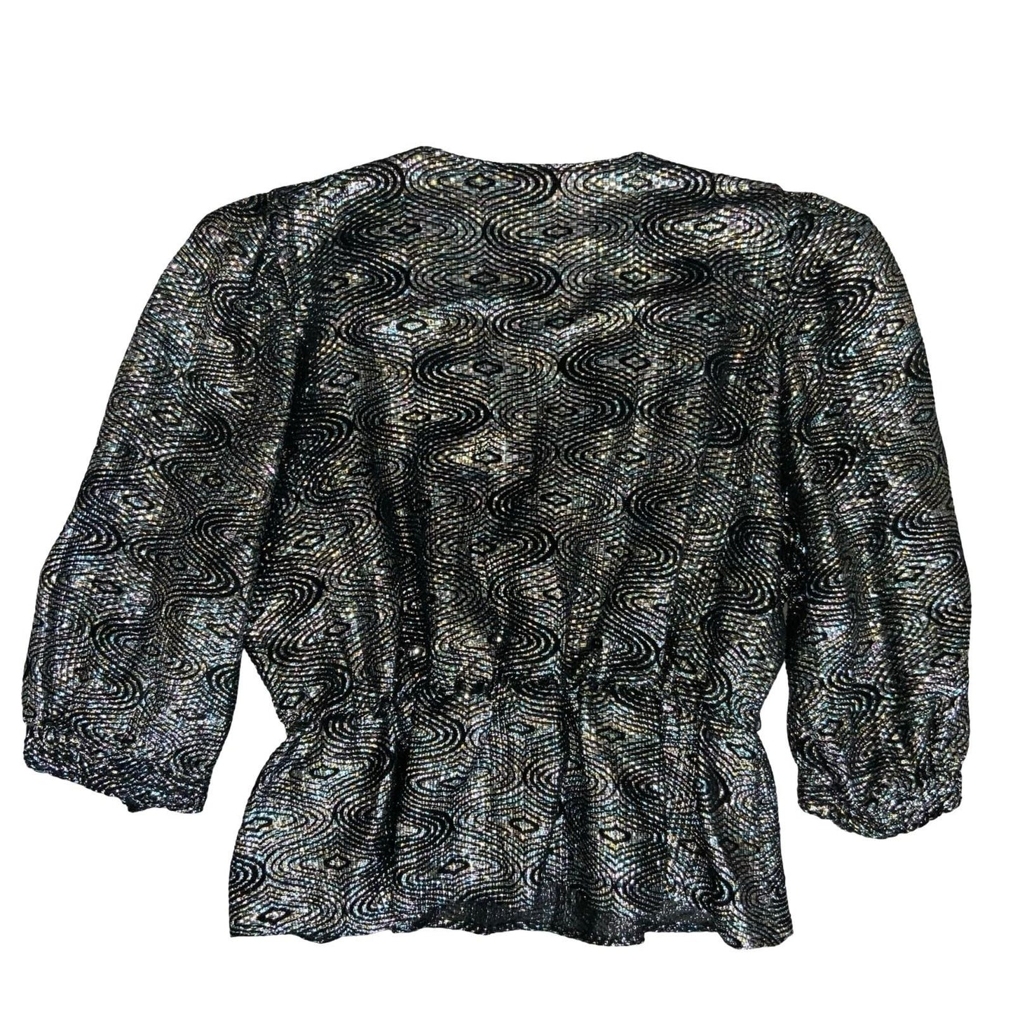 80s 'Hermann Lange Collection' Black Silver Glitter Lurex Peplum Blouse UK 14