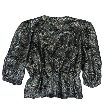 80s 'Hermann Lange Collection' Black Silver Glitter Lurex Peplum Blouse UK 14