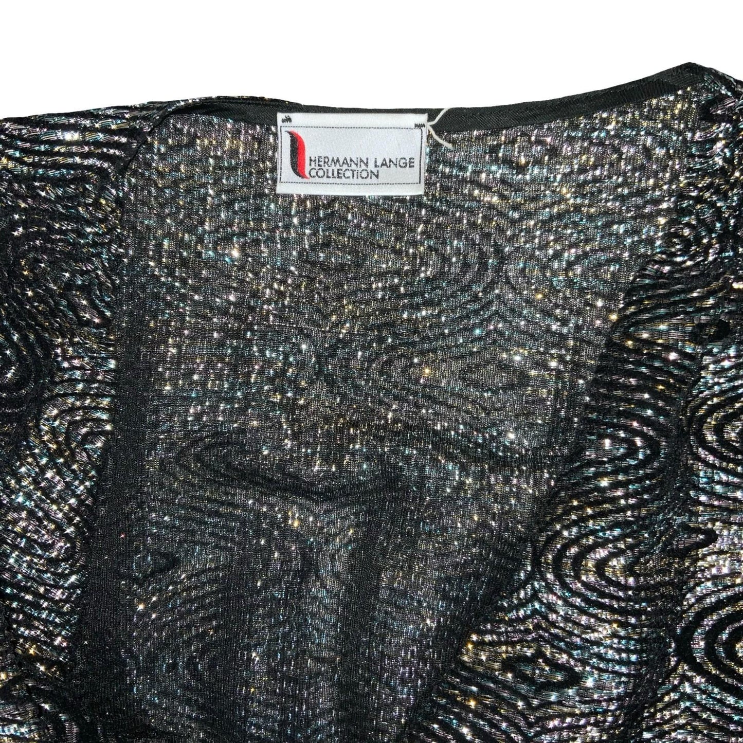80s 'Hermann Lange Collection' Black Silver Glitter Lurex Peplum Blouse UK 14
