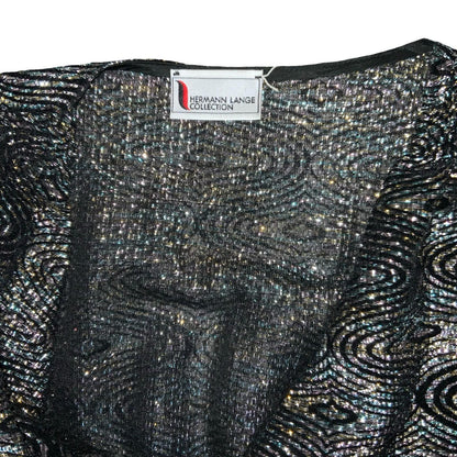 80s 'Hermann Lange Collection' Black Silver Glitter Lurex Peplum Blouse UK 14