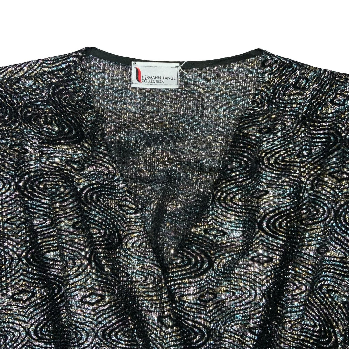 80s 'Hermann Lange Collection' Black Silver Glitter Lurex Peplum Blouse UK 14