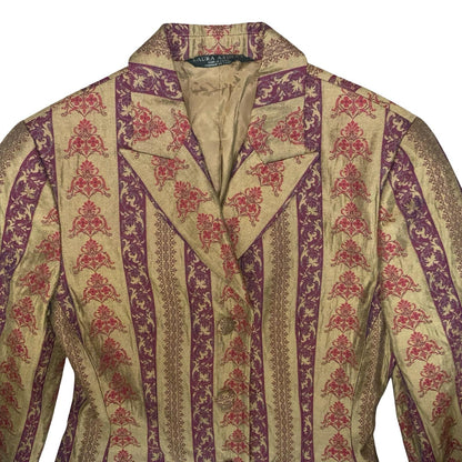 Vtg 'Laura Ashley' Gold Red Royal Pattern Tapestry Tailored Long Coat UK 8/10