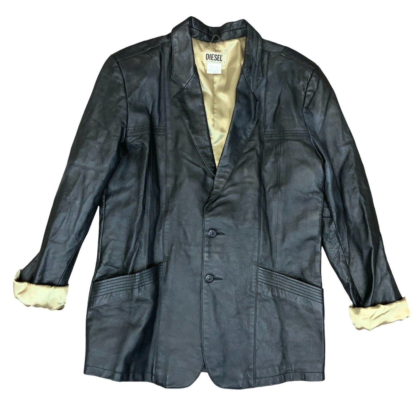 Y2K 'Diesel' Black Gold Fashion Genuine Soft Leather Blazer Jacket M/L UK 14/16