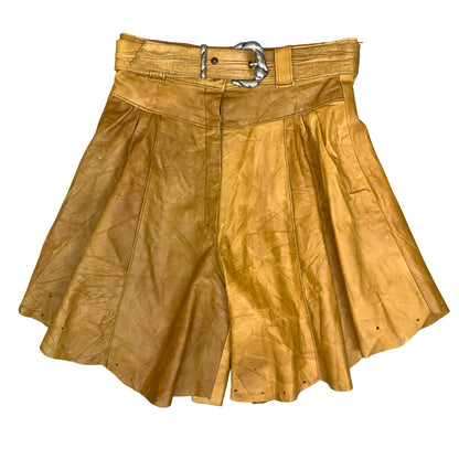 Vtg 80s 90s Tan Yellow Leather Western High-Waist Floaty Shorts UK 8