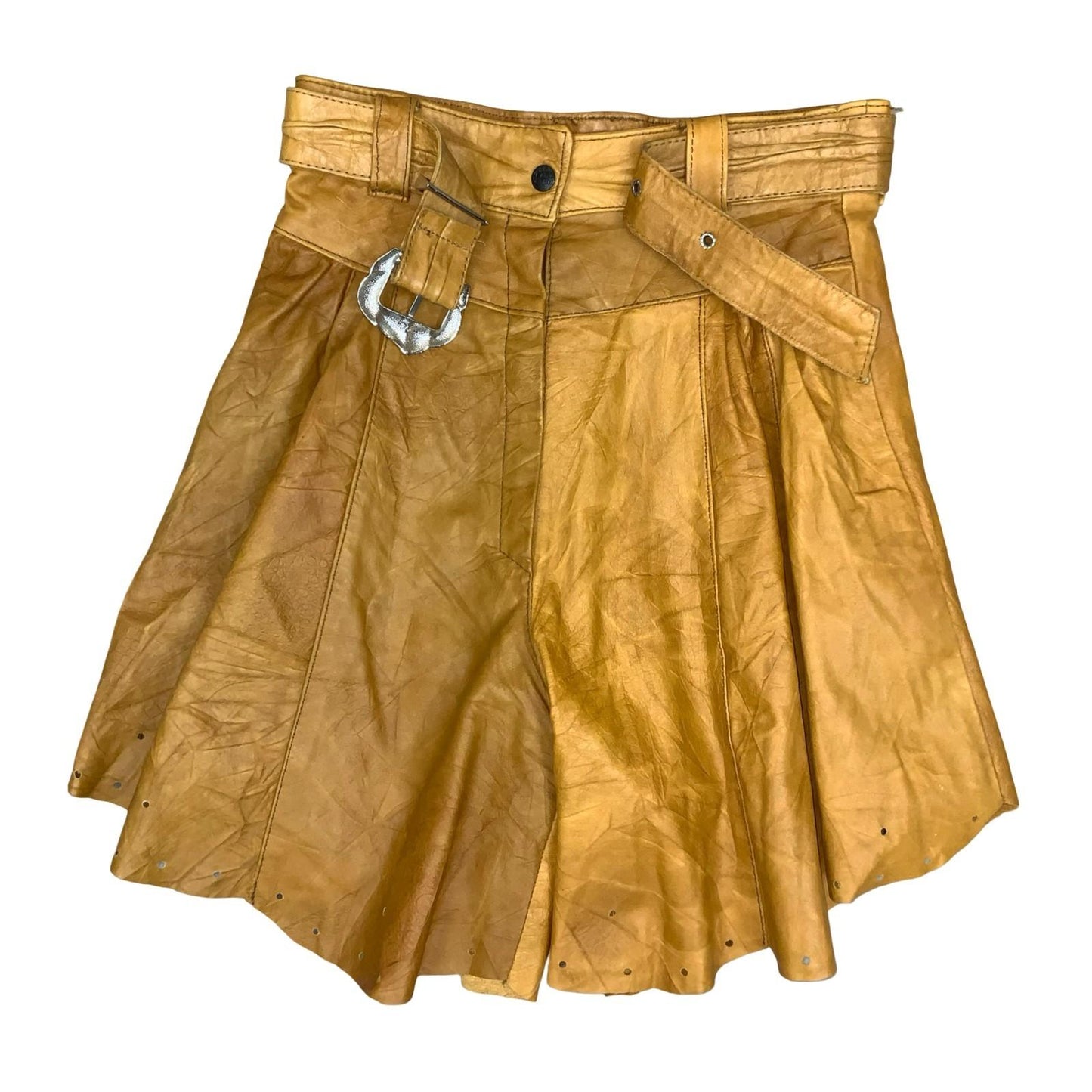 Vtg 80s 90s Tan Yellow Leather Western High-Waist Floaty Shorts UK 8